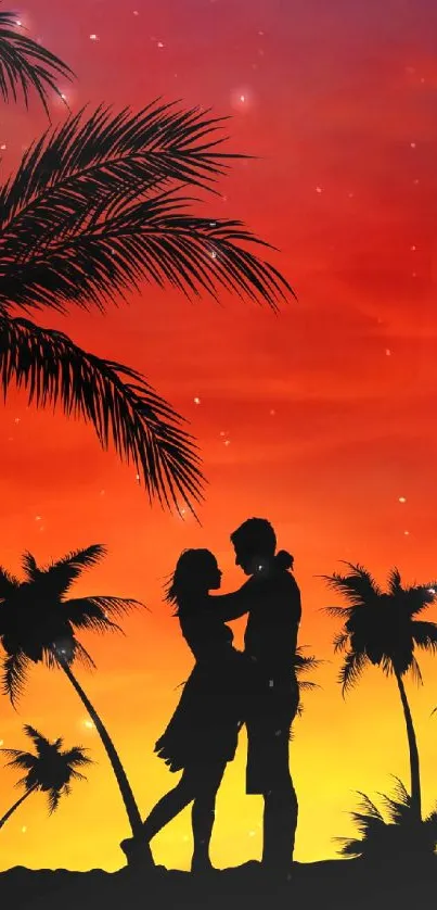 Silhouette of a couple embracing at sunset with palm trees and orange sky.