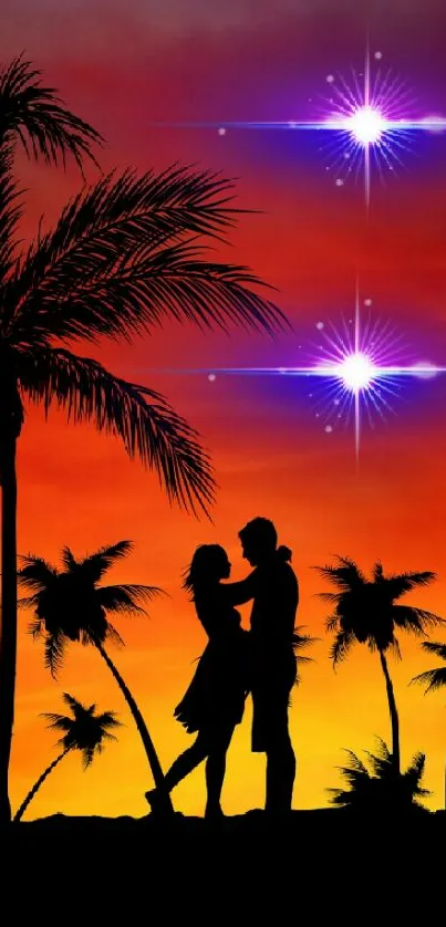 Couple silhouette at sunset with palm trees and starry sky.