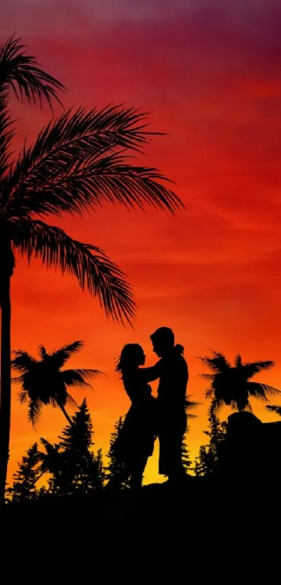 Silhouette couple against vibrant sunset with palm trees, creating romantic scenery.