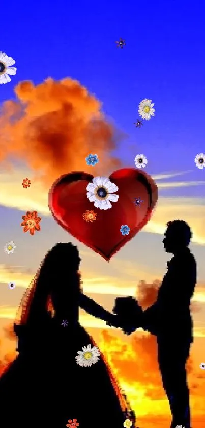 Silhouette of a couple holding hands under a vibrant sunset sky with a heart-shaped cloud.