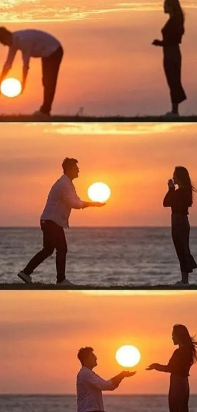 Silhouetted couple exchanging light under a vibrant sunset on the beach.