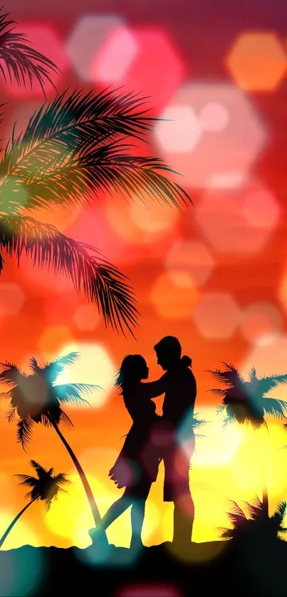 Silhouette couple embraces under palm trees at sunset with vibrant bokeh effects.