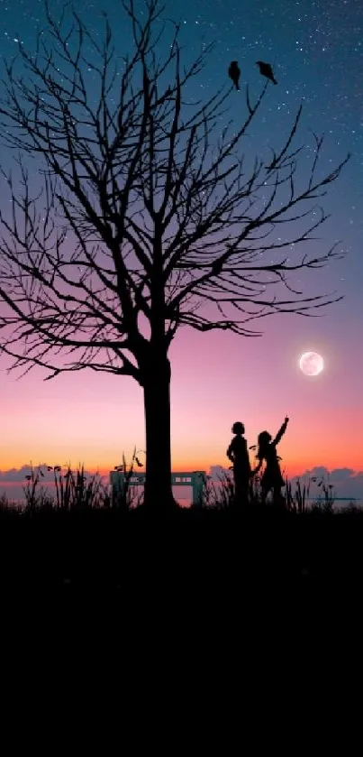 Romantic sunset silhouette with tree and couple under a starry sky.