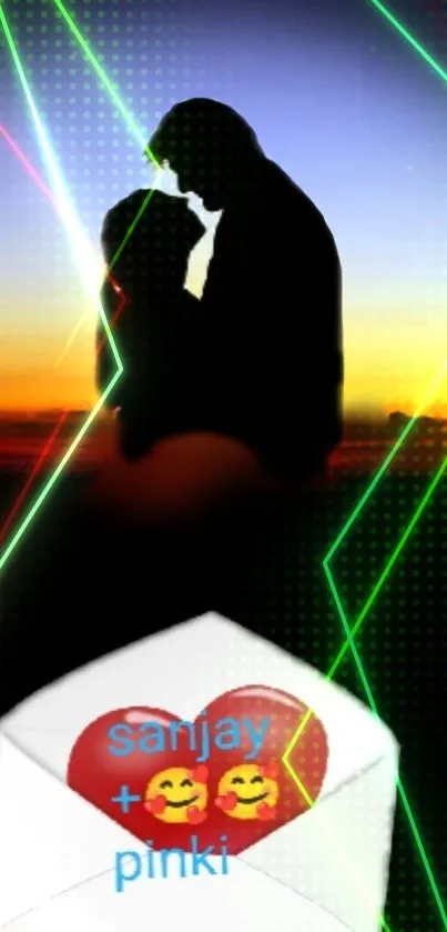 Silhouette couple with sunset and lasers in vibrant mobile wallpaper.