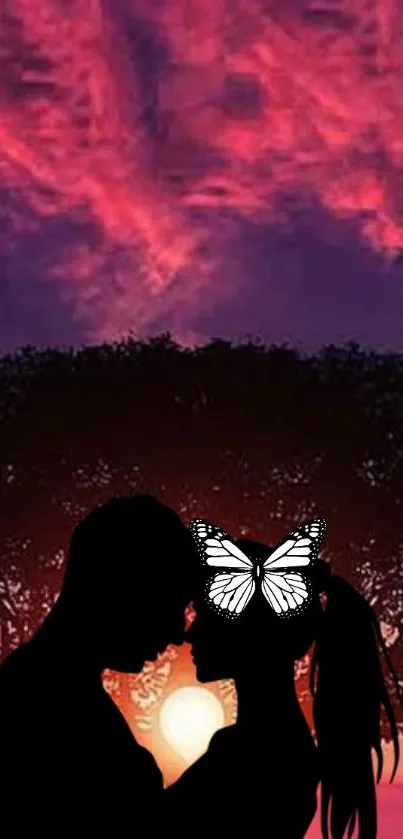 Silhouetted couple at sunset with butterfly and tree.