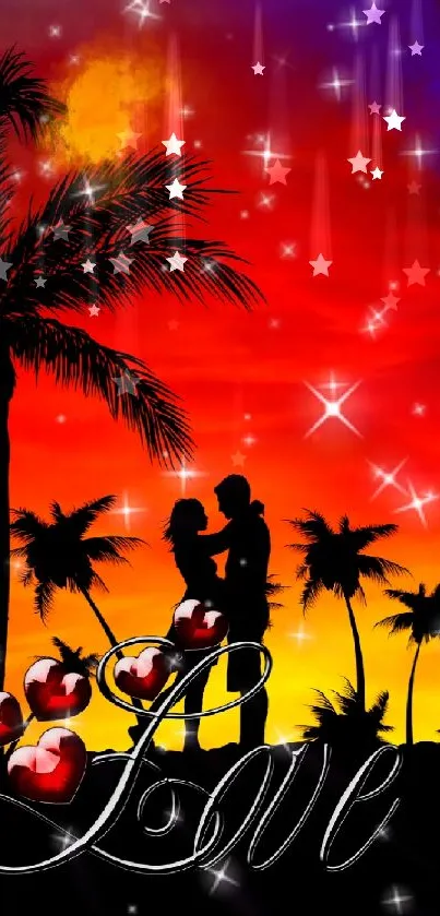 Romantic sunset wallpaper with silhouetted couple and palm trees.