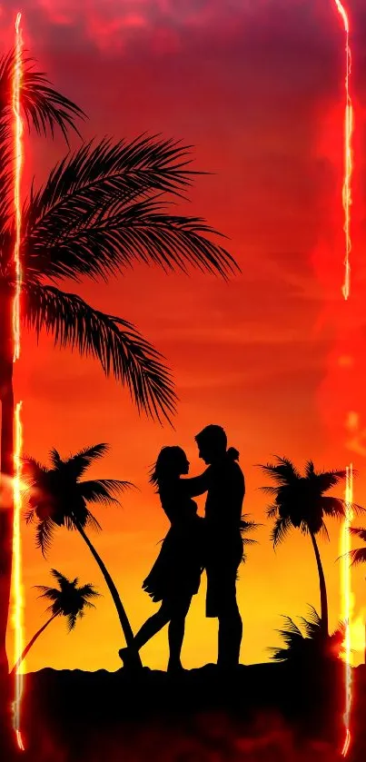 Silhouette couple at sunset with palm trees.