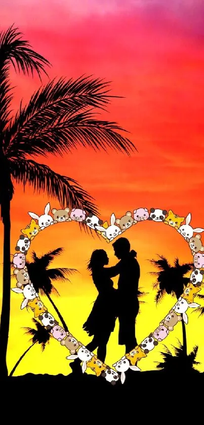 Romantic sunset silhouette with heart of animals.