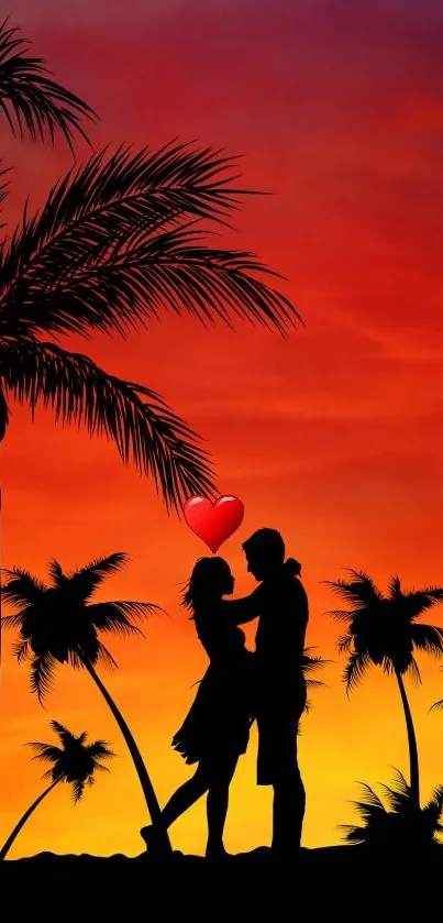 Silhouette of a couple in front of a sunset with palm trees.