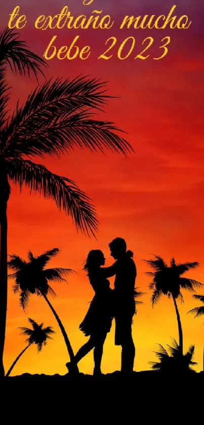 Romantic couple silhouette against an orange sunset with palm trees in the background.