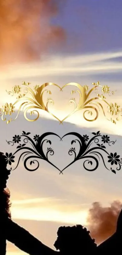 Romantic couple silhouette at sunset with floral heart designs.