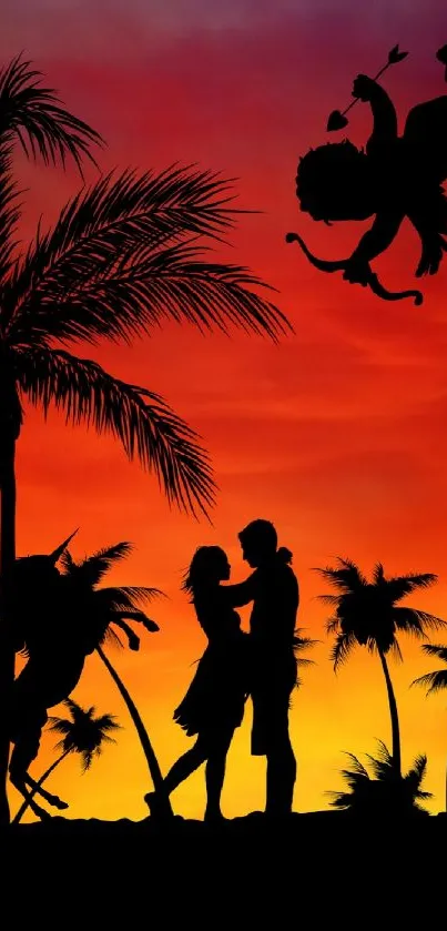 Romantic sunset with couple silhouette and cupid.