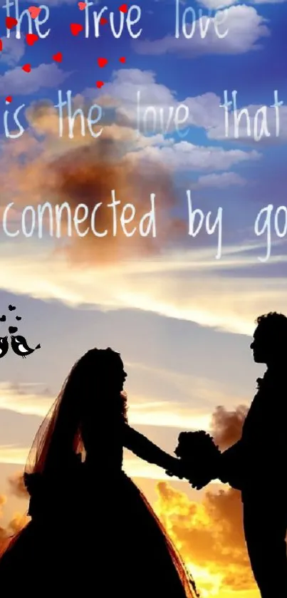 Silhouette of a couple at sunset with romantic text in the sky.