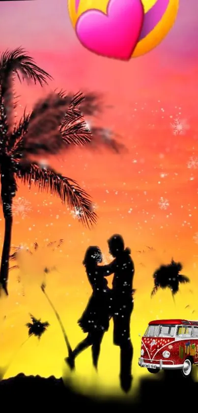 Silhouette of a couple under palm trees during sunset with retro van.