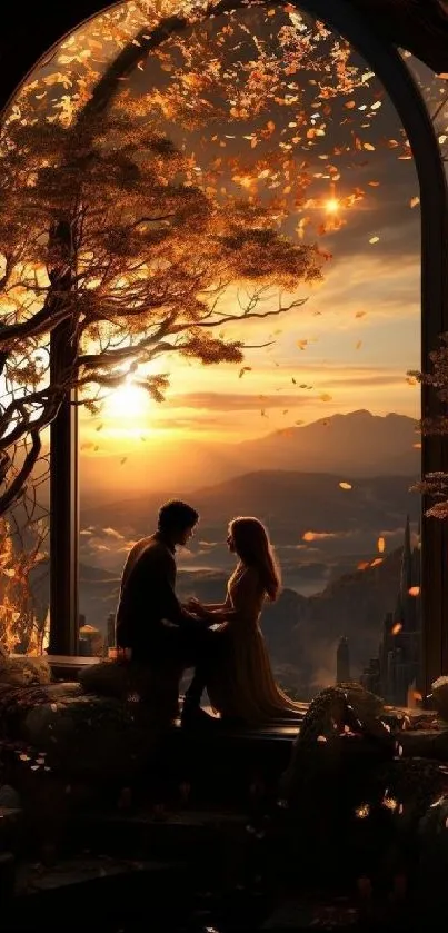 Silhouette of couple at sunset in autumn setting with orange sky.