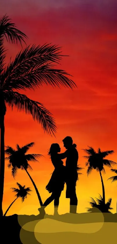 Romantic silhouette of couple at sunset with palm trees in vibrant sky.