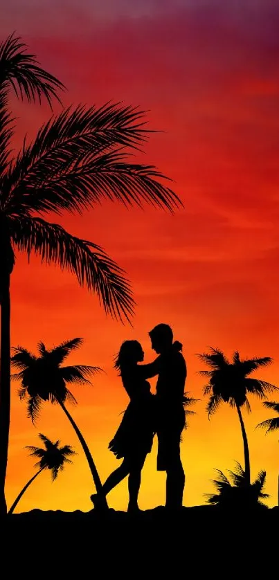 Silhouette of couple at sunset with palm trees, vibrant colors in the sky.