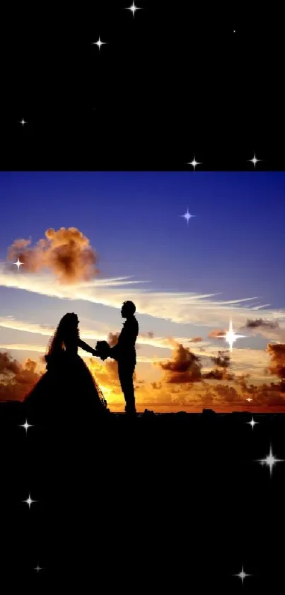 Romantic couple silhouette at sunset under a vibrant blue and orange sky.