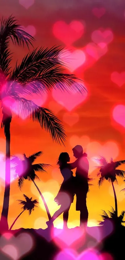 Silhouette of a couple at sunset with palm trees.