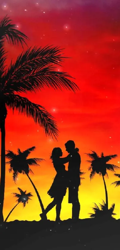 Silhouette of a couple under palms at sunset.