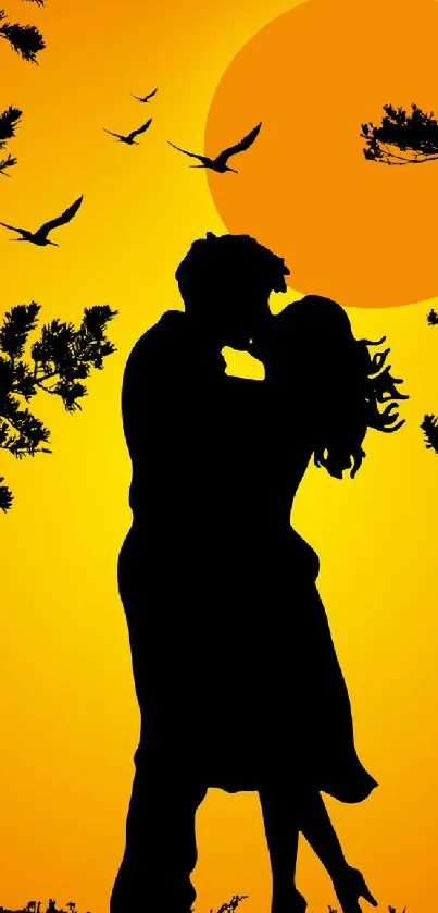 Silhouette of a couple embracing at sunset with trees and birds in orange background.