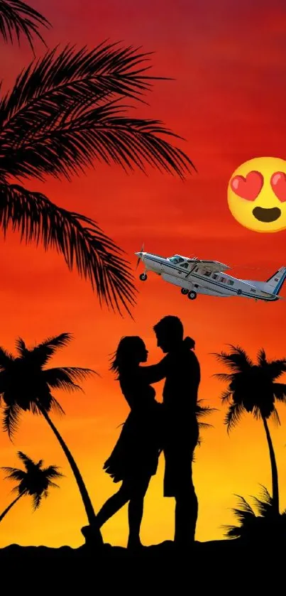 Romantic couple silhouette at sunset with palm trees and vibrant sky.