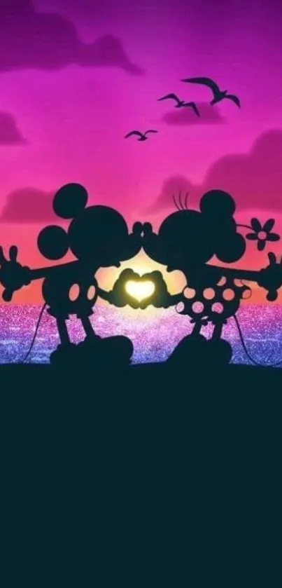 Silhouetted characters in sunset embrace against a vibrant purple sky.