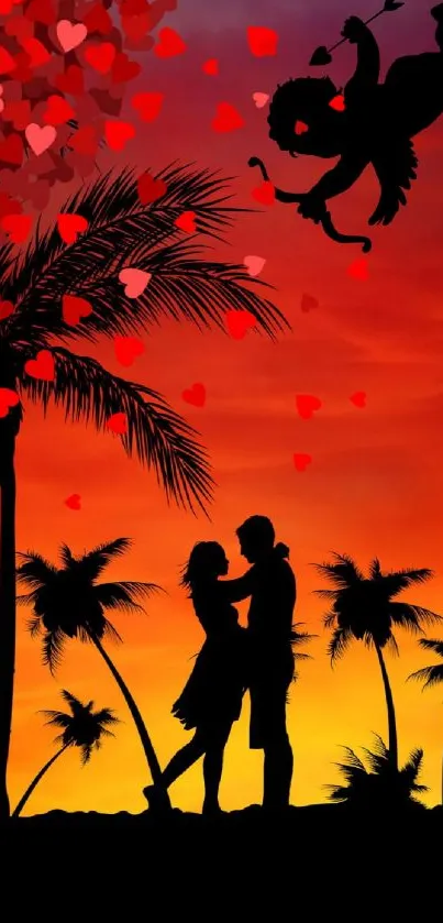 Silhouetted couple at sunset with hearts and palm trees.