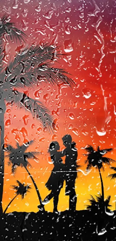 Silhouette of a couple under palm trees at sunset with vibrant orange sky.