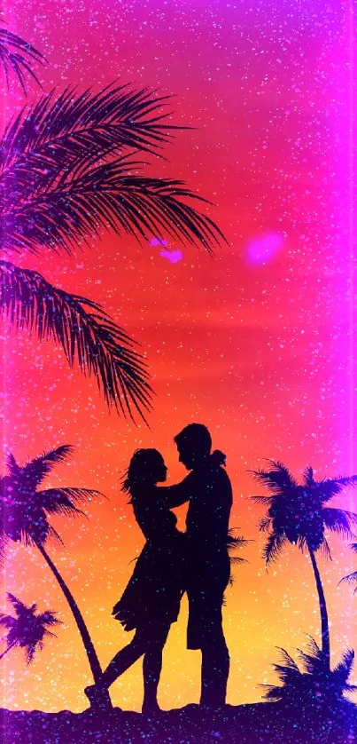 Silhouette of a couple under palm trees against a vibrant sunset and starry sky.