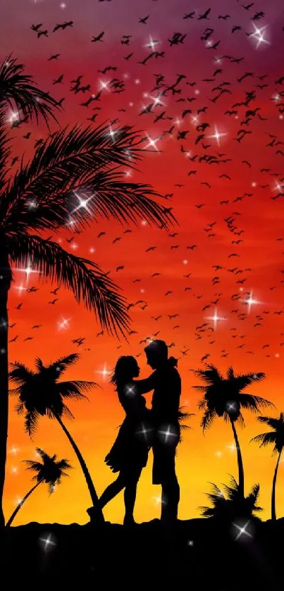 Romantic couple's silhouette under palm trees at sunset with birds in the sky.