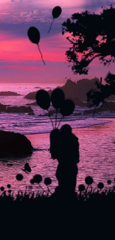 Romantic silhouette at sunset with purple sky and balloons.