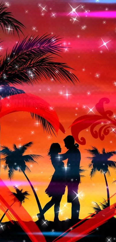 Silhouette couple at sunset with stars and palm trees in vibrant red and orange hues.