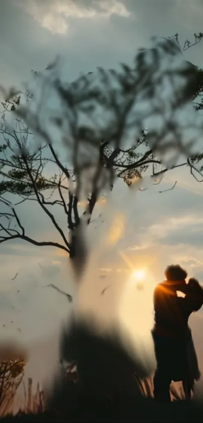 Couple silhouette under sunset tree with dramatic sky.