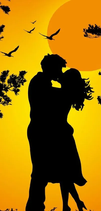 Silhouette of a couple kissing at sunset with birds and trees in the background.