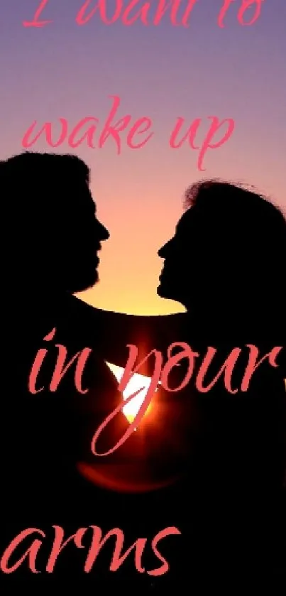 Silhouette of a couple embracing at sunset with romantic text.