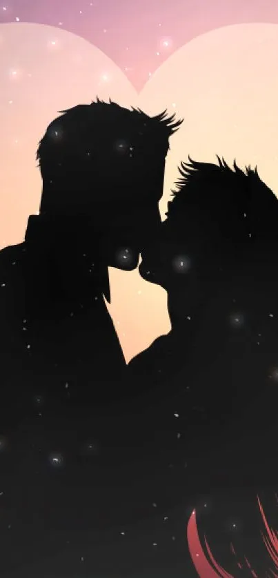 Silhouette of a couple kissing at sunset with a heart background.