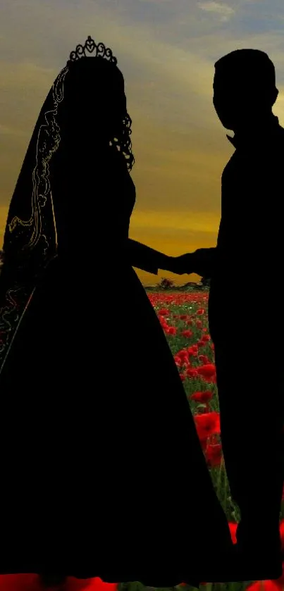 Silhouette of a couple in front of a sunset and poppy field.