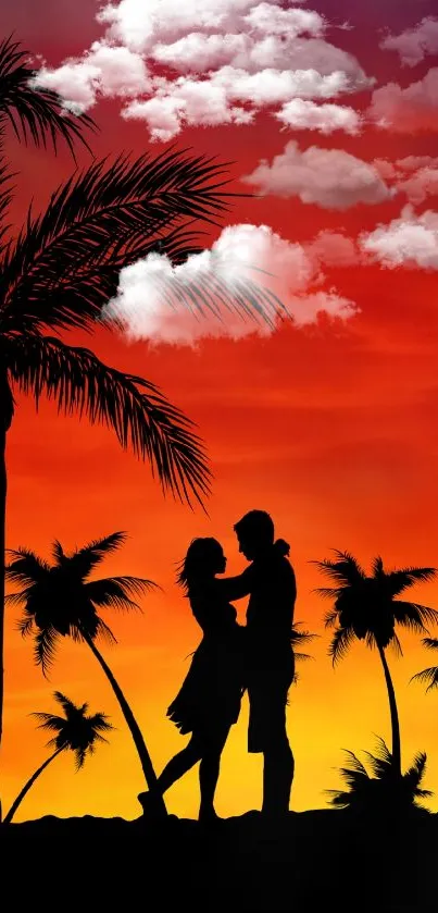 Romantic sunset wallpaper with couple and palm trees.