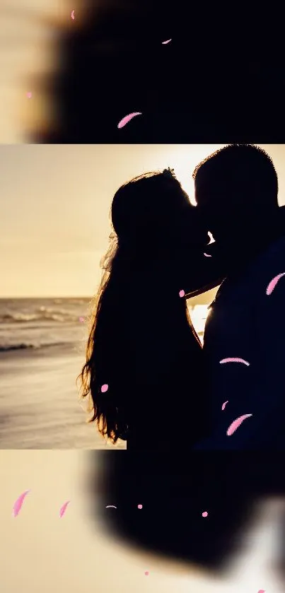 Silhouette of a couple embracing at sunset by the ocean with pink petals.