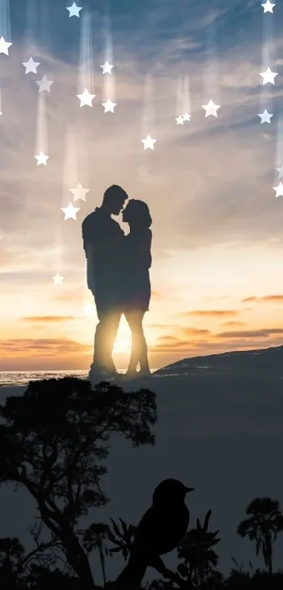 Romantic sunset silhouette wallpaper with vivid sky and couple.