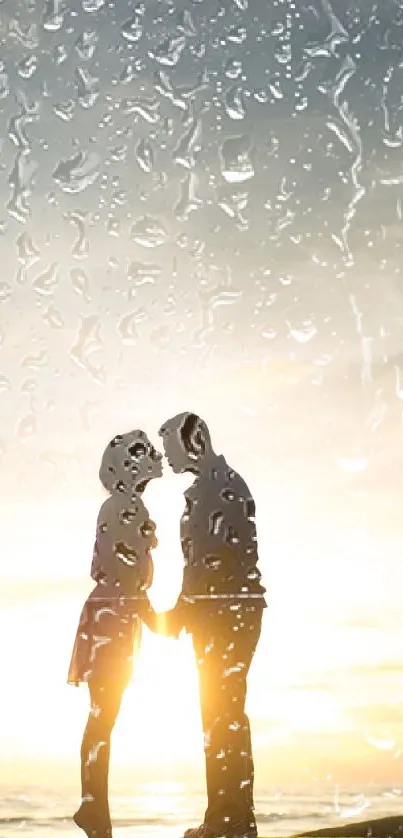 Couple silhouette at sunset on a scenic evening sky backdrop.