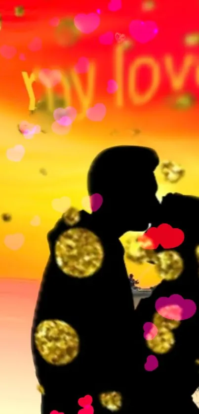 Couple kissing in sunset silhouette wallpaper with love theme.