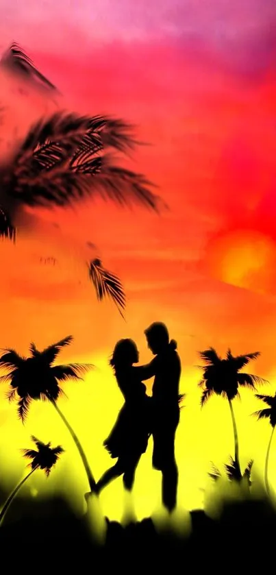 Silhouette of a couple with palm trees and sunset sky.