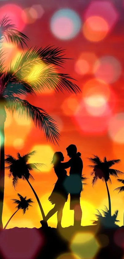 Couple silhouette under palm trees at vibrant sunset.