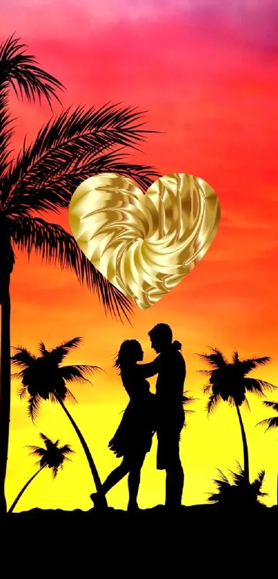 Silhouette couple with golden heart under sunset sky on mobile wallpaper.