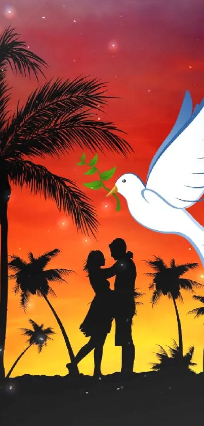 Silhouette of a couple under a sunset with palm trees and a peace dove.