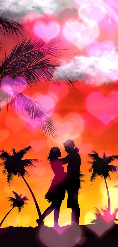 Silhouette of a couple under palm trees with a sunset and heart shapes background.