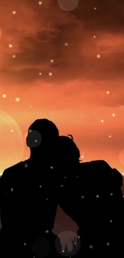 Silhouette of a couple embracing under a vibrant sunset sky with stars.