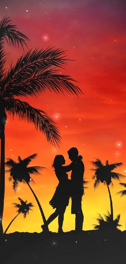 Silhouette of couple with sunset and palm trees on phone wallpaper.